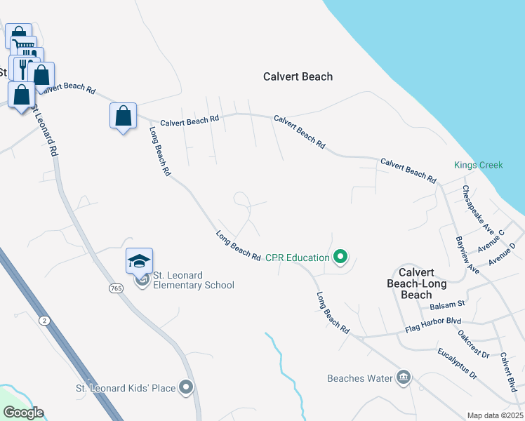 map of restaurants, bars, coffee shops, grocery stores, and more near 1041 Kings Creek Drive in Saint Leonard