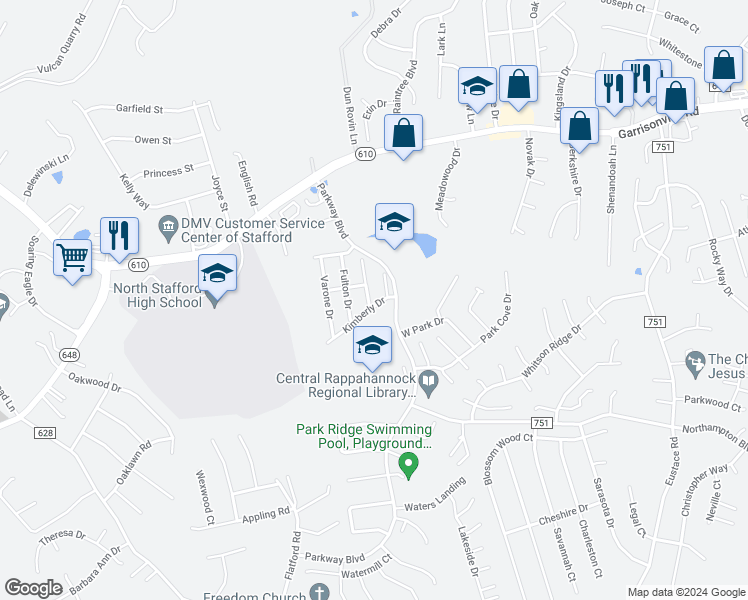 map of restaurants, bars, coffee shops, grocery stores, and more near 2 Joplin Court in Stafford