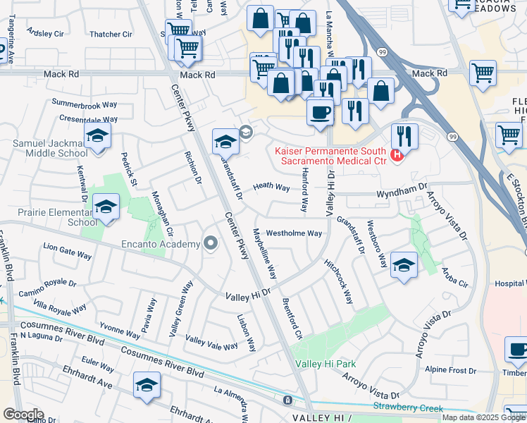 map of restaurants, bars, coffee shops, grocery stores, and more near 6139 Cushing Way in Sacramento