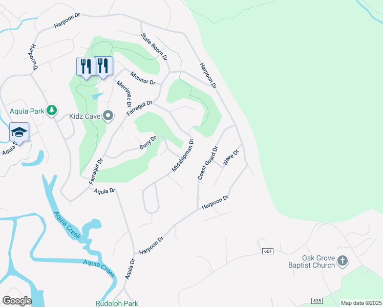 map of restaurants, bars, coffee shops, grocery stores, and more near 2028 Midshipman Drive in Stafford