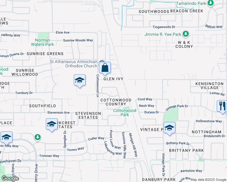map of restaurants, bars, coffee shops, grocery stores, and more near 7981 Walden Court in Sacramento