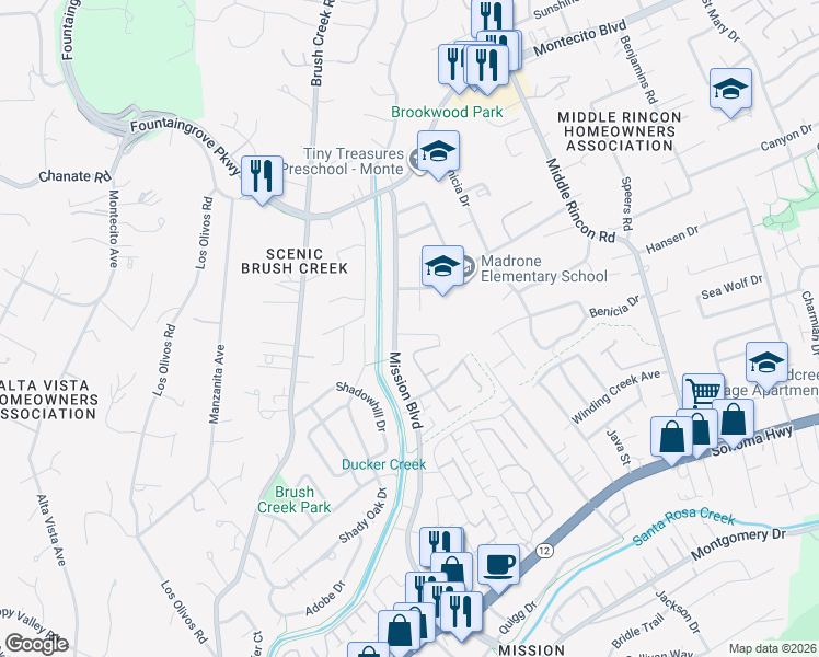 map of restaurants, bars, coffee shops, grocery stores, and more near 4438 Yukon Drive in Santa Rosa