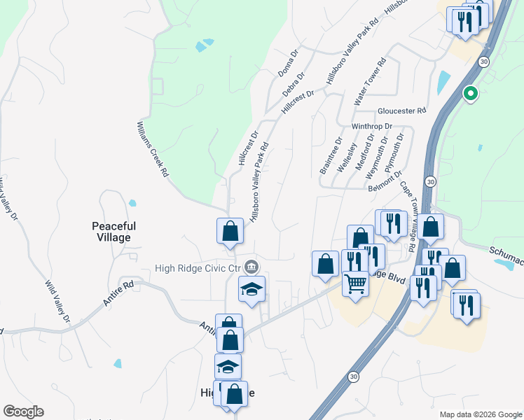 map of restaurants, bars, coffee shops, grocery stores, and more near 2701 Skyline Drive in High Ridge