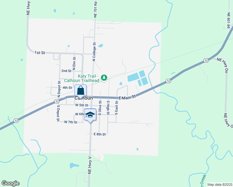 map of restaurants, bars, coffee shops, grocery stores, and more near 107 North East Street in Calhoun