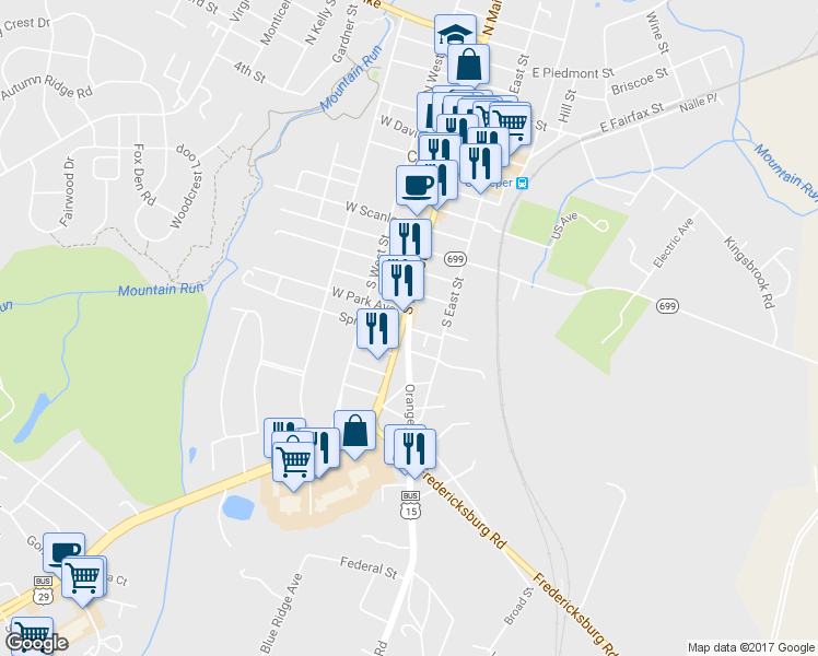 map of restaurants, bars, coffee shops, grocery stores, and more near 901 Orange Road in Culpeper