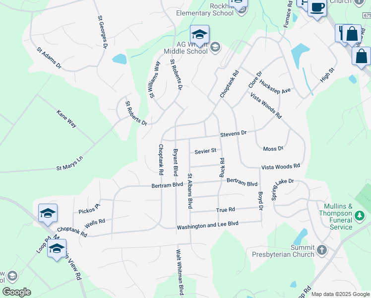 map of restaurants, bars, coffee shops, grocery stores, and more near 4 Saint Albans Boulevard in Stafford