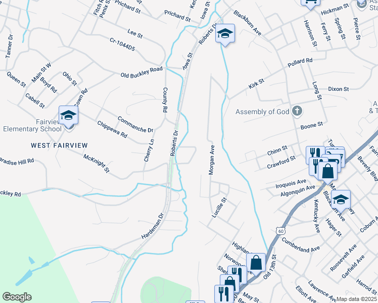 map of restaurants, bars, coffee shops, grocery stores, and more near 3100 Roberts Drive in Ashland