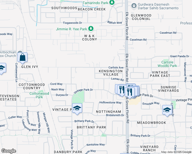 map of restaurants, bars, coffee shops, grocery stores, and more near 8755 Lemas Road in Sacramento