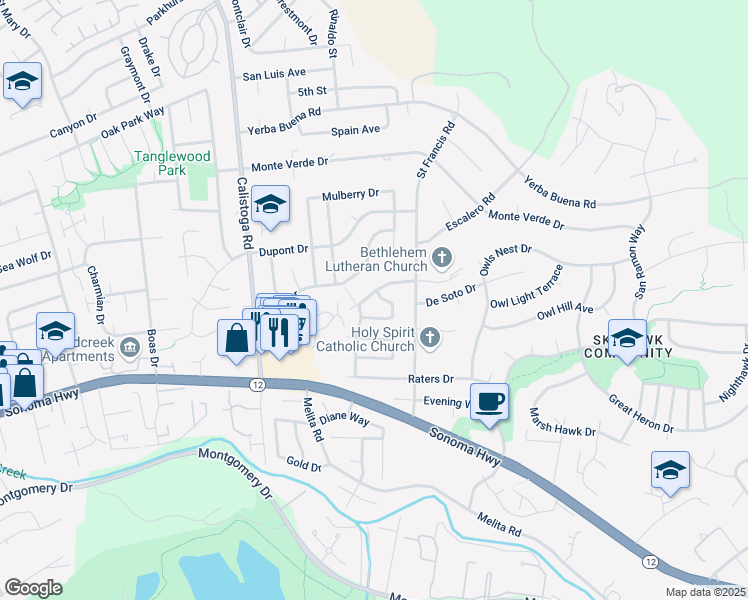 map of restaurants, bars, coffee shops, grocery stores, and more near 5547 El Encanto Circle in Santa Rosa
