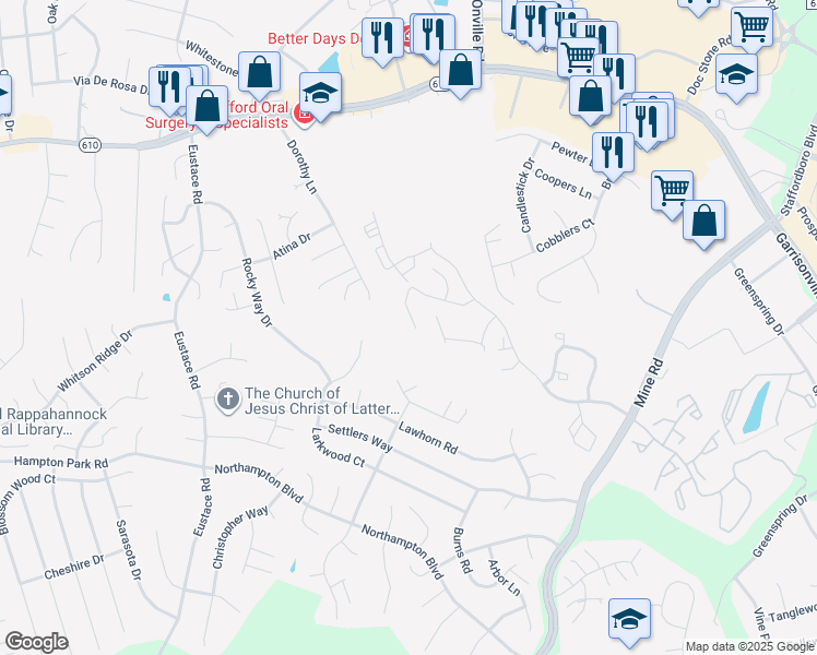 map of restaurants, bars, coffee shops, grocery stores, and more near 304 Merrill Court in Stafford