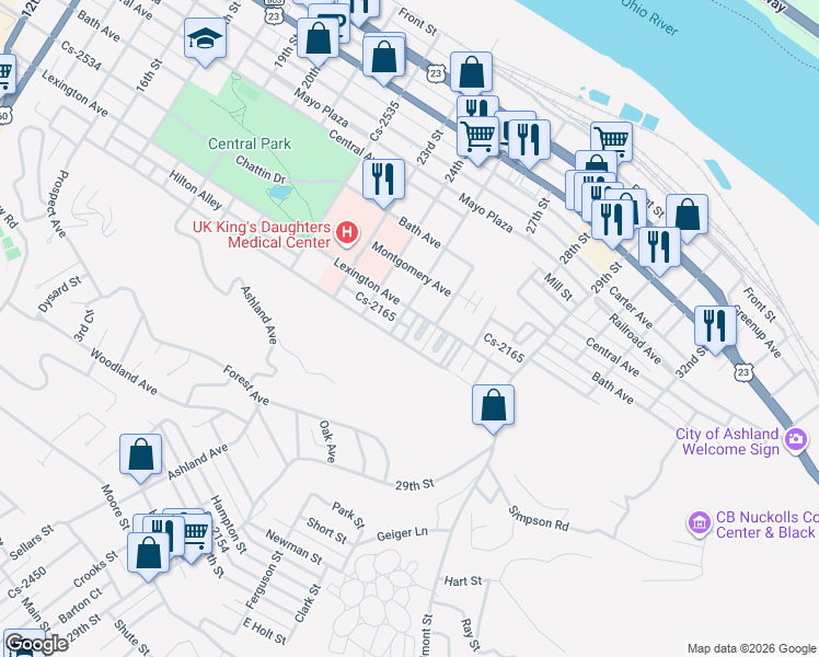 map of restaurants, bars, coffee shops, grocery stores, and more near Cs-2166 in Ashland