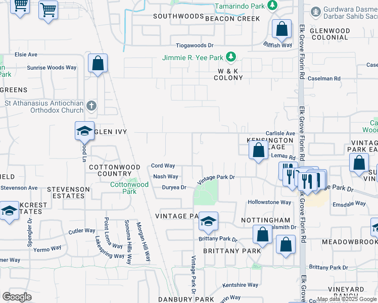 map of restaurants, bars, coffee shops, grocery stores, and more near 7500 Sunnyside Way in Sacramento