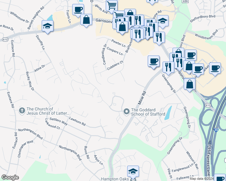 map of restaurants, bars, coffee shops, grocery stores, and more near 808 Pinnacle Drive in Stafford