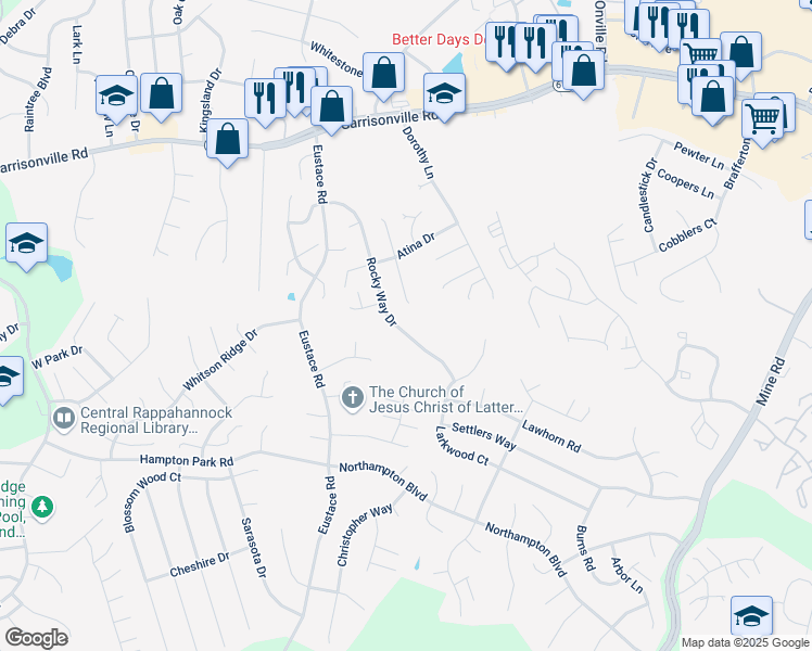 map of restaurants, bars, coffee shops, grocery stores, and more near 39 Rocky Way Drive in Stafford