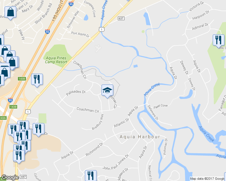 map of restaurants, bars, coffee shops, grocery stores, and more near Signal Way in Stafford