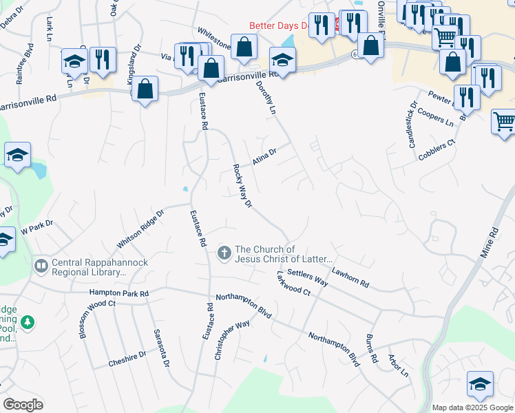 map of restaurants, bars, coffee shops, grocery stores, and more near 39 Rocky Way Drive in Stafford