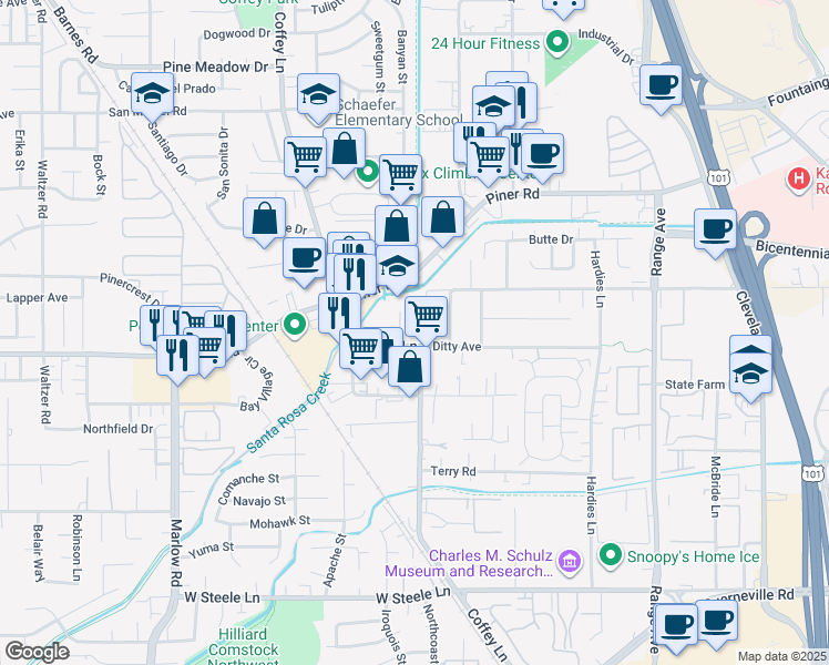 map of restaurants, bars, coffee shops, grocery stores, and more near 3130 Coffey Lane in Santa Rosa