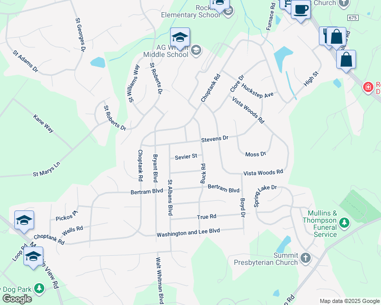 map of restaurants, bars, coffee shops, grocery stores, and more near 6 Sevier Street in Stafford