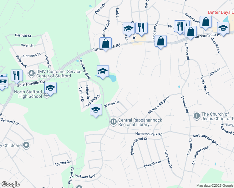 map of restaurants, bars, coffee shops, grocery stores, and more near 411 Waters Cove Court in Stafford