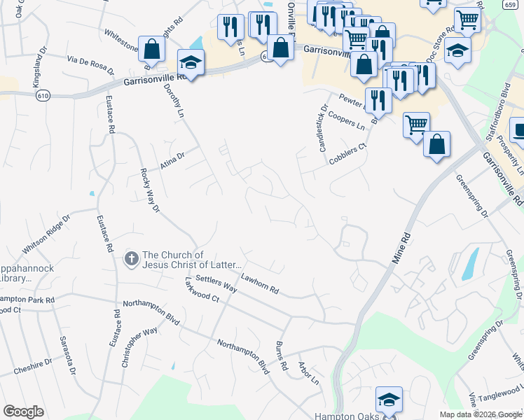 map of restaurants, bars, coffee shops, grocery stores, and more near 154 Shaded Valley Court in Stafford