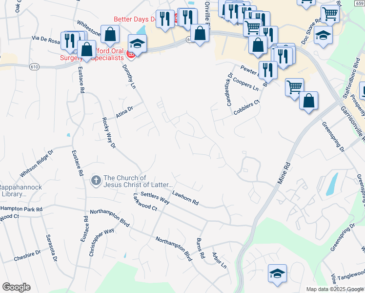 map of restaurants, bars, coffee shops, grocery stores, and more near 215 Merrill Court in Stafford