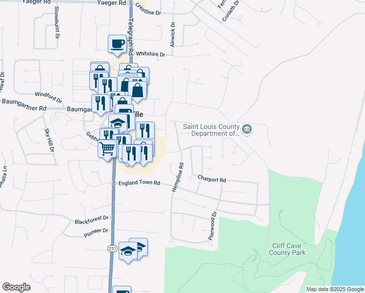 map of restaurants, bars, coffee shops, grocery stores, and more near 5702 Hempline Road in St. Louis
