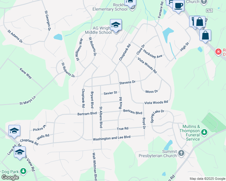 map of restaurants, bars, coffee shops, grocery stores, and more near 6 Sevier Street in Stafford