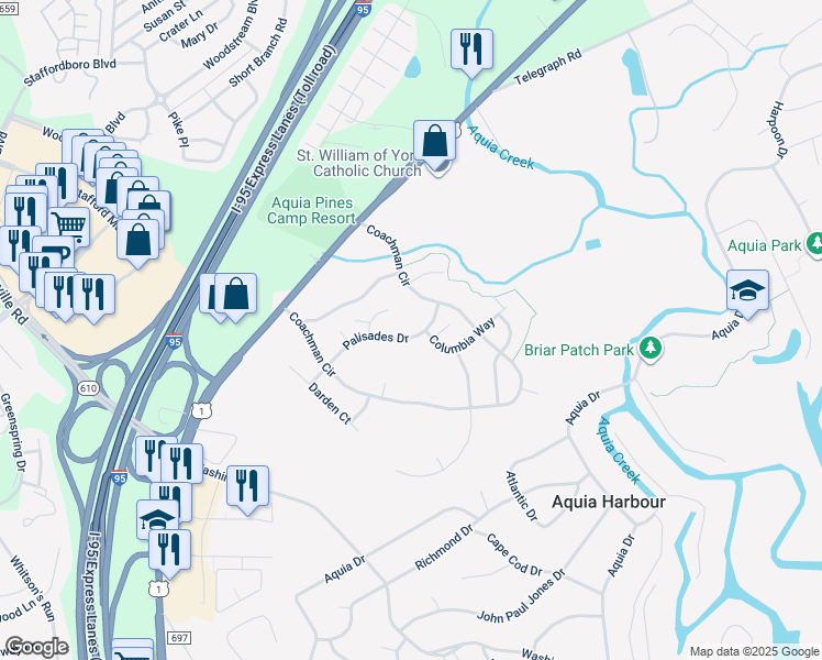 map of restaurants, bars, coffee shops, grocery stores, and more near 16 Palisades Drive in Stafford
