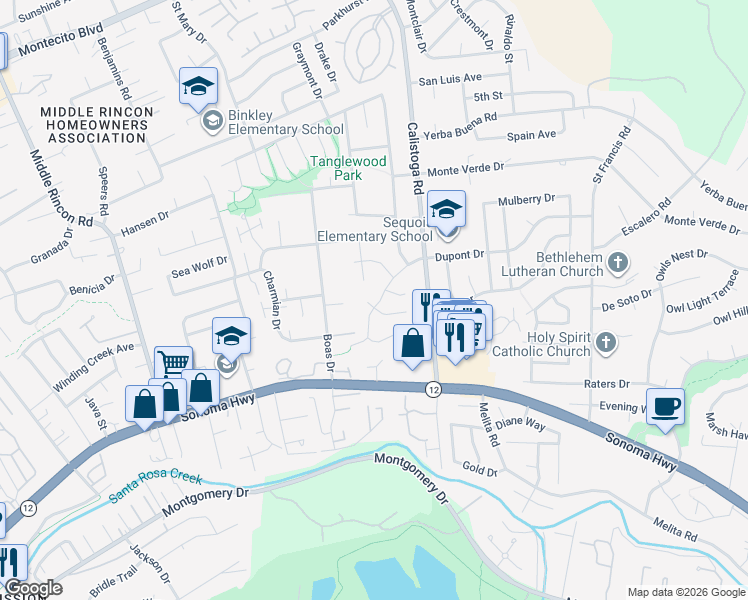 map of restaurants, bars, coffee shops, grocery stores, and more near 5061 Dupont East Court in Santa Rosa