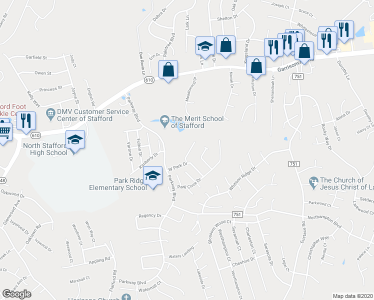 map of restaurants, bars, coffee shops, grocery stores, and more near 413 Waters Cove Court in Stafford