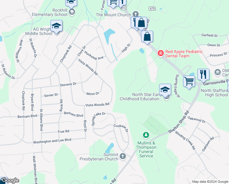 map of restaurants, bars, coffee shops, grocery stores, and more near 41 Vista Woods Road in Stafford