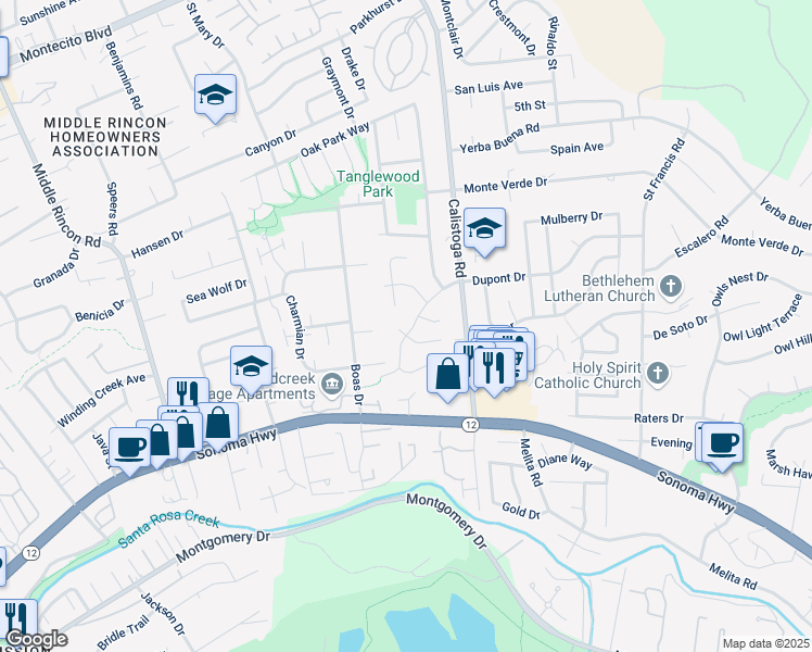 map of restaurants, bars, coffee shops, grocery stores, and more near 5081 Dupont Drive in Santa Rosa