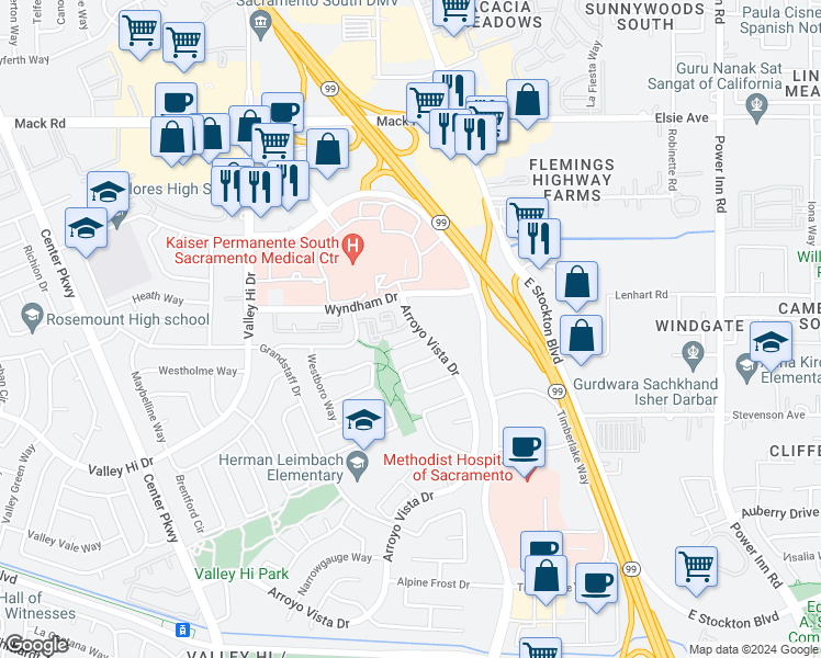map of restaurants, bars, coffee shops, grocery stores, and more near 7980 Arroyo Vista Drive in Sacramento