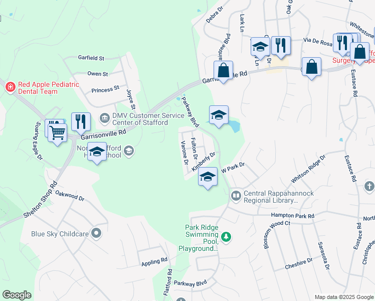 map of restaurants, bars, coffee shops, grocery stores, and more near 20 Varone Drive in Stafford