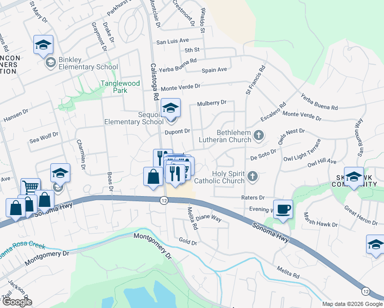map of restaurants, bars, coffee shops, grocery stores, and more near 5404 Marit Drive in Santa Rosa