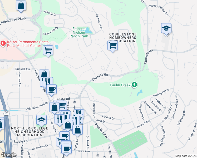 map of restaurants, bars, coffee shops, grocery stores, and more near 3136 Chanate Road in Santa Rosa