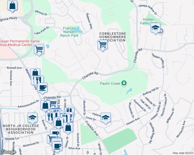 map of restaurants, bars, coffee shops, grocery stores, and more near 3250 Chanate Road in Santa Rosa