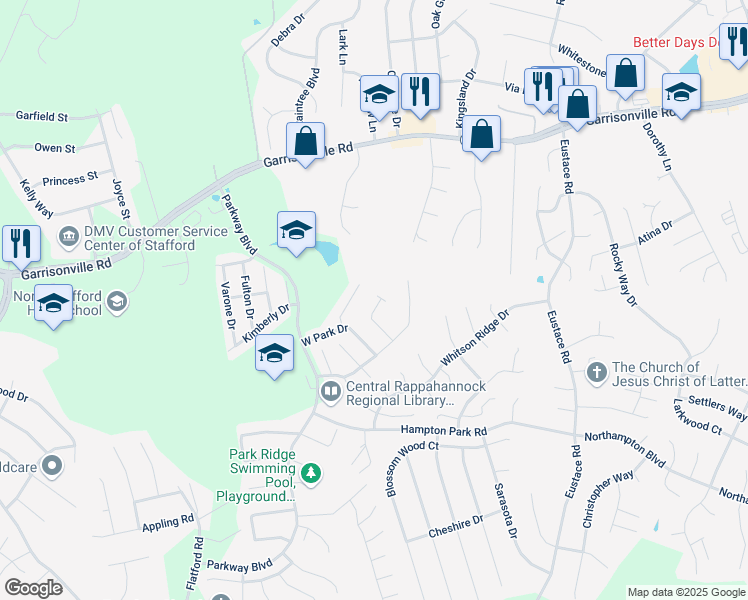 map of restaurants, bars, coffee shops, grocery stores, and more near 215 Park Brook Court in Stafford