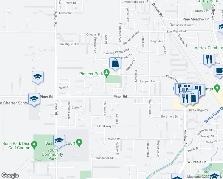 map of restaurants, bars, coffee shops, grocery stores, and more near 2058 Red Oak Circle in Santa Rosa