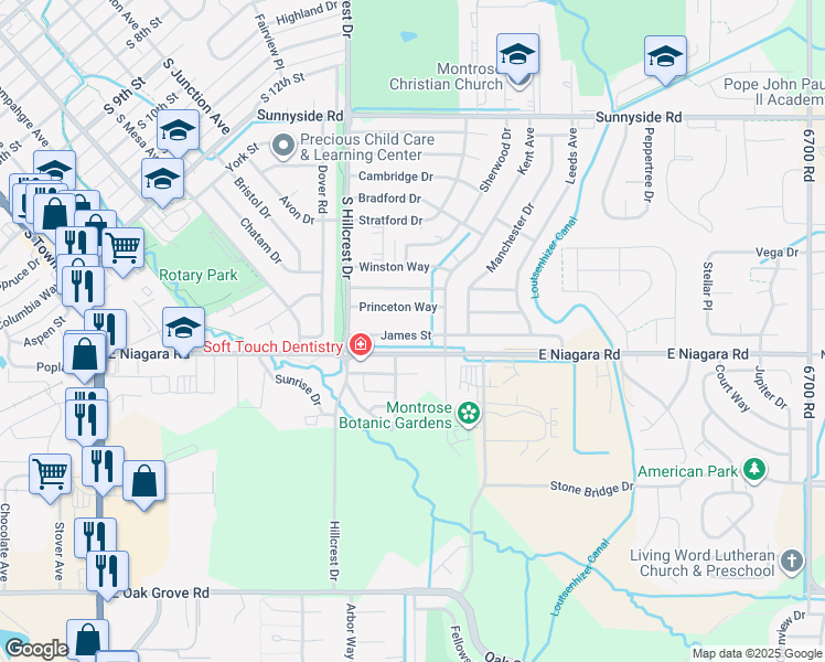 map of restaurants, bars, coffee shops, grocery stores, and more near 2105-2199 East Niagara Road in Montrose