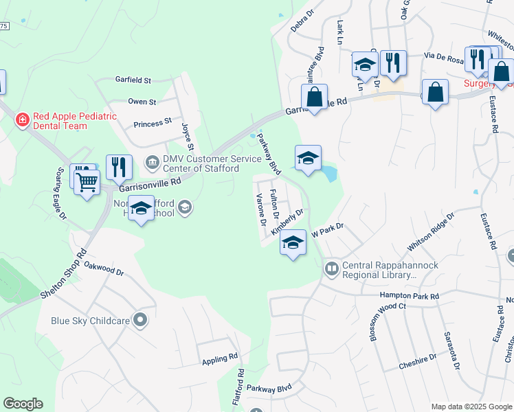 map of restaurants, bars, coffee shops, grocery stores, and more near 21 Varone Drive in Stafford