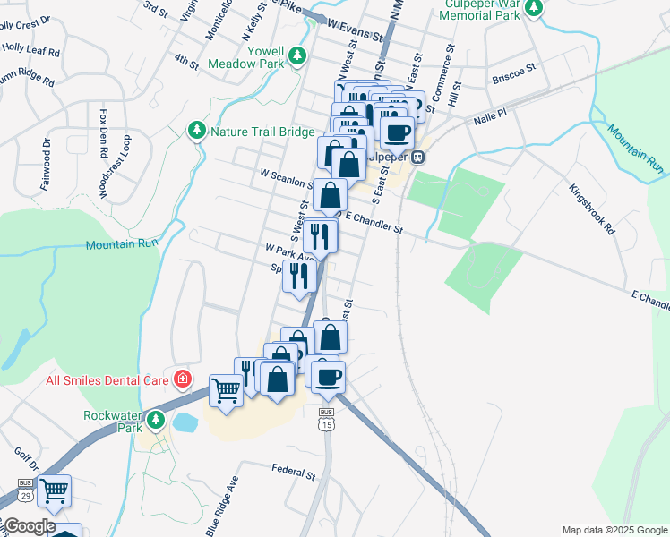 map of restaurants, bars, coffee shops, grocery stores, and more near 901 Orange Road in Culpeper
