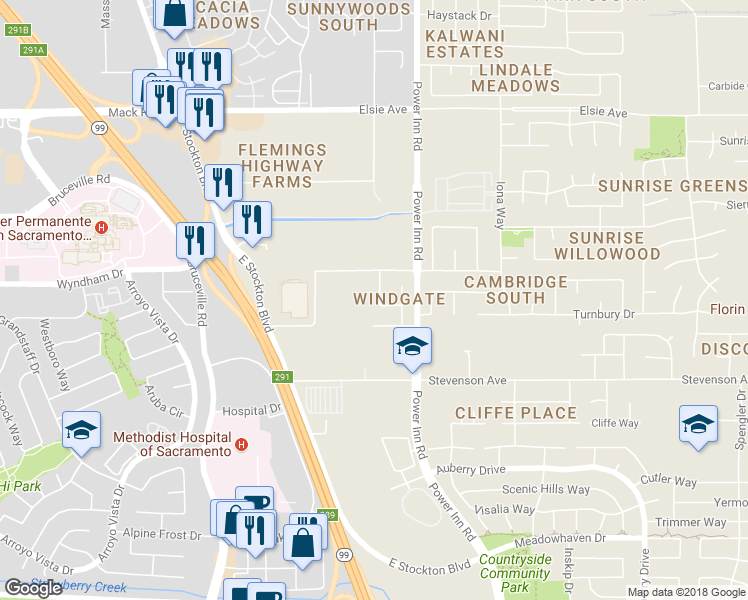 map of restaurants, bars, coffee shops, grocery stores, and more near 7970 Roseview Way in Sacramento