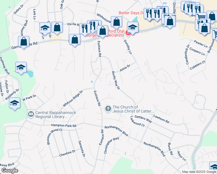 map of restaurants, bars, coffee shops, grocery stores, and more near 7 Lee Court in Stafford