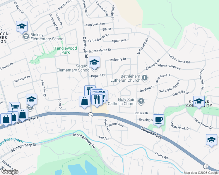 map of restaurants, bars, coffee shops, grocery stores, and more near 5404 Marit Drive in Santa Rosa