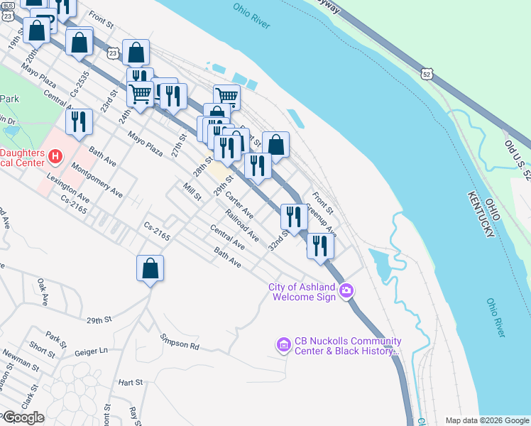map of restaurants, bars, coffee shops, grocery stores, and more near 346 Ringo Street in Ashland