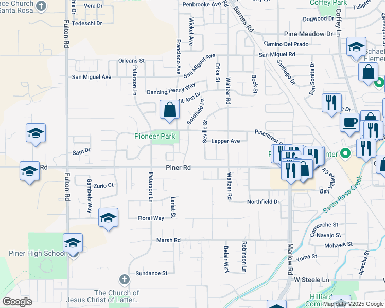 map of restaurants, bars, coffee shops, grocery stores, and more near 2000 Pioneer Way in Santa Rosa