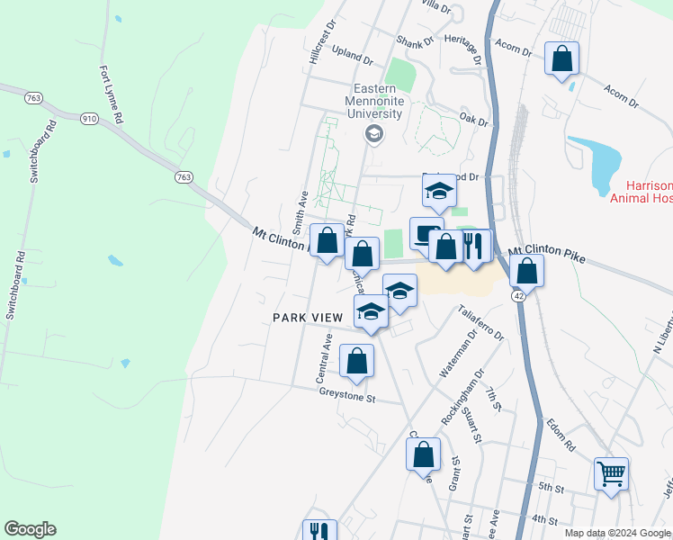 map of restaurants, bars, coffee shops, grocery stores, and more near 1050 Park Road in Harrisonburg