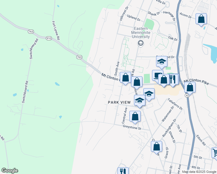 map of restaurants, bars, coffee shops, grocery stores, and more near 1033 Smith Avenue in Harrisonburg