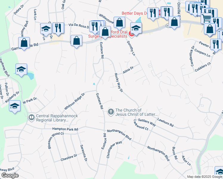 map of restaurants, bars, coffee shops, grocery stores, and more near 7 Lee Court in Stafford